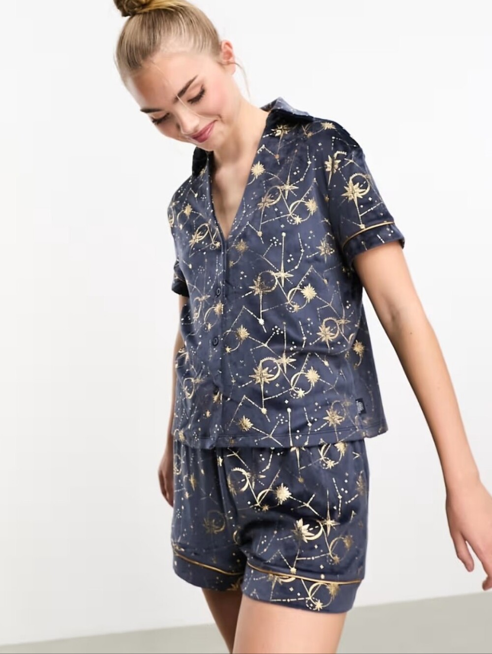 Chelsea Peers Pajama Shirt & Shorts Set XL Velvet Navy Blue Gold Celestial Rare